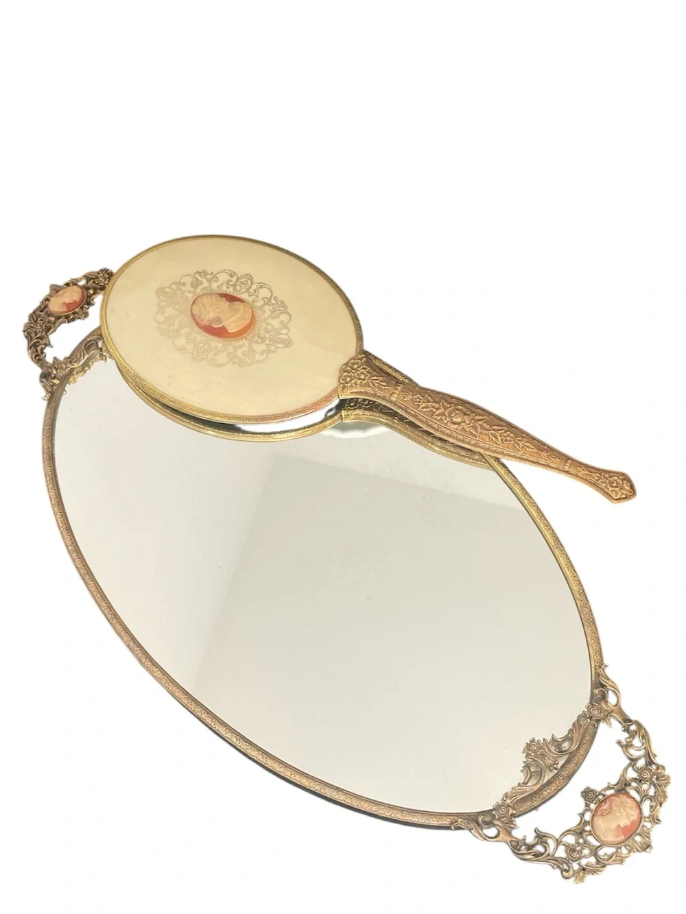 Vintage Dresser Mirror Set Vanity Tray Hand Mirror Cameo Matson Gold Plate